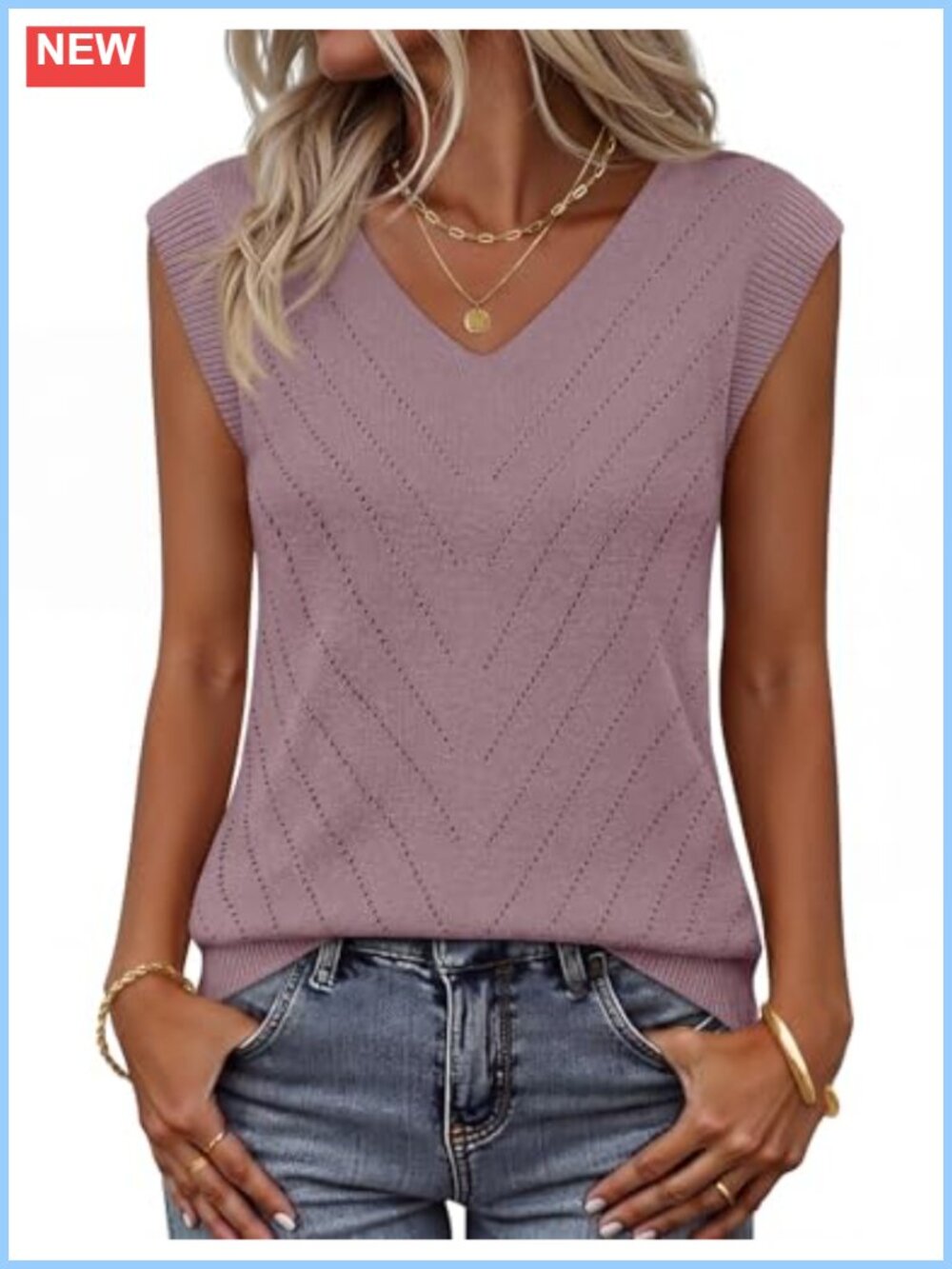 Lightweight Sweater Vest V Neck Eyelet Sleeveless Tank Top